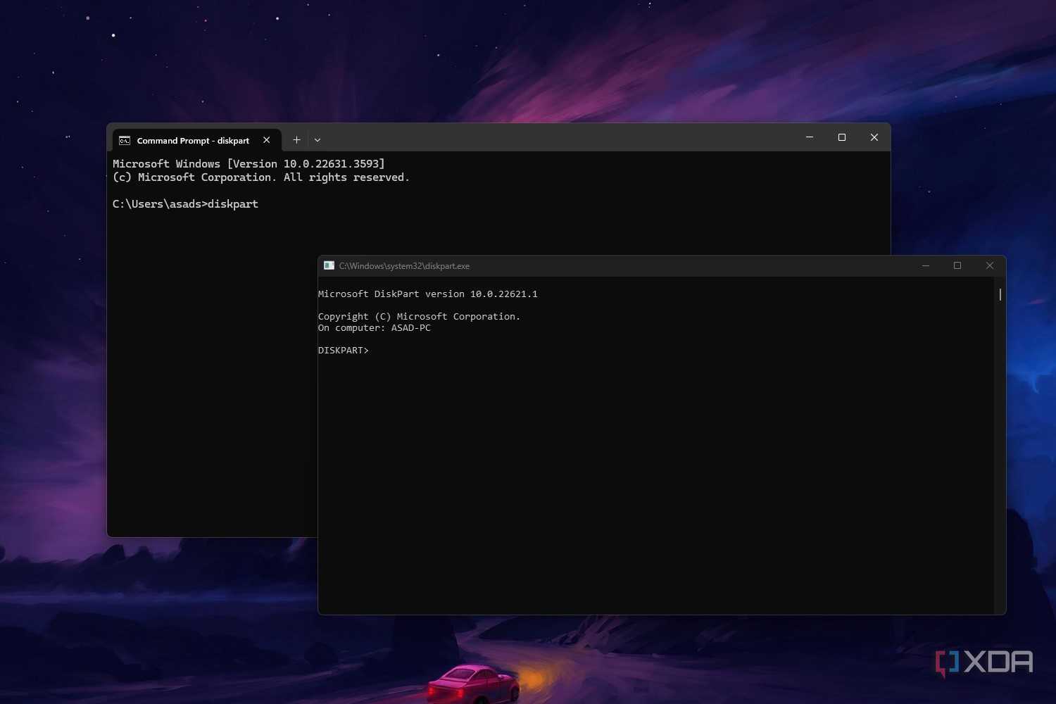 Windows 11 command prompt screenshot that shows the diskpart command in action