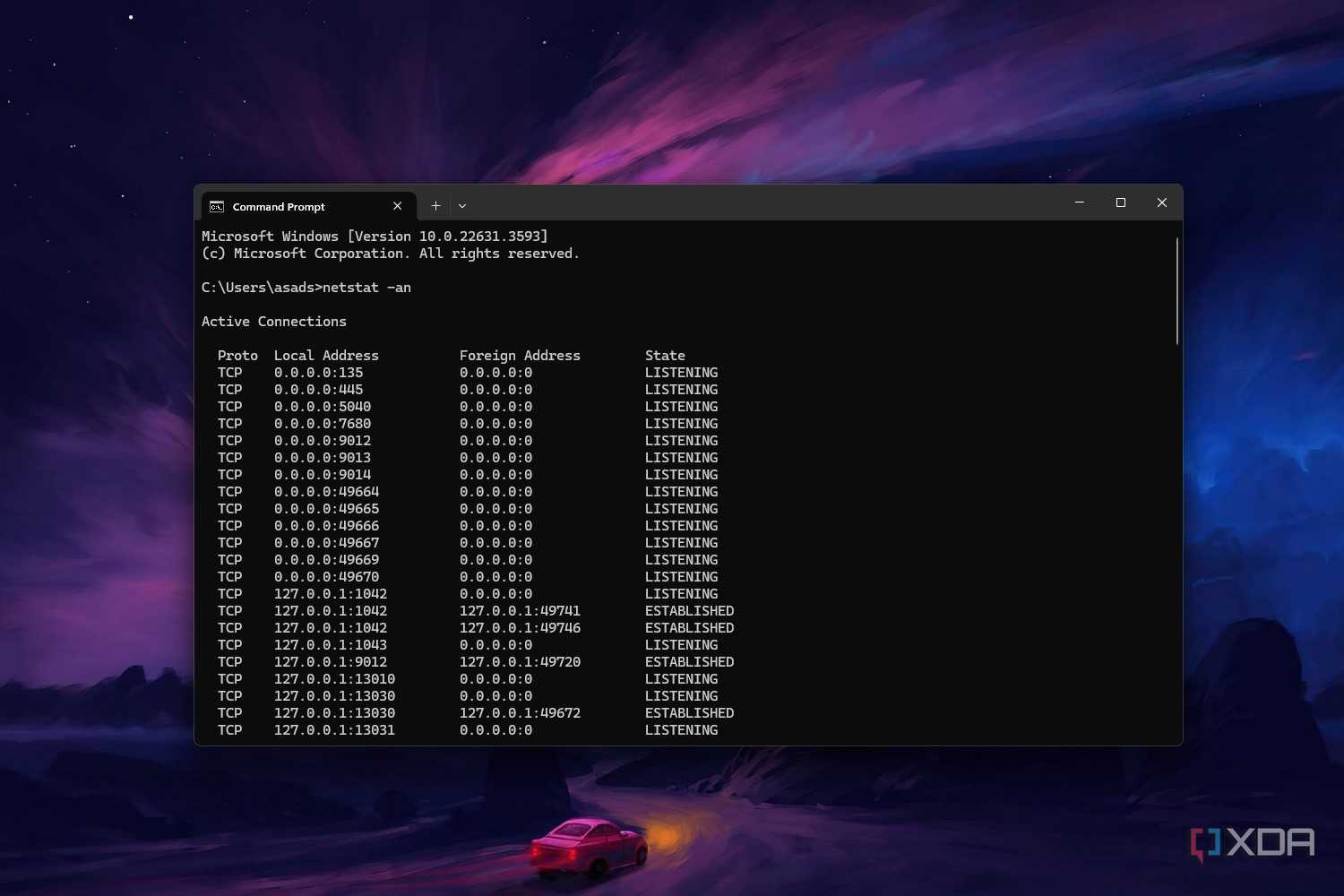Windows 11 command prompt screenshot that shows the netstat command in action