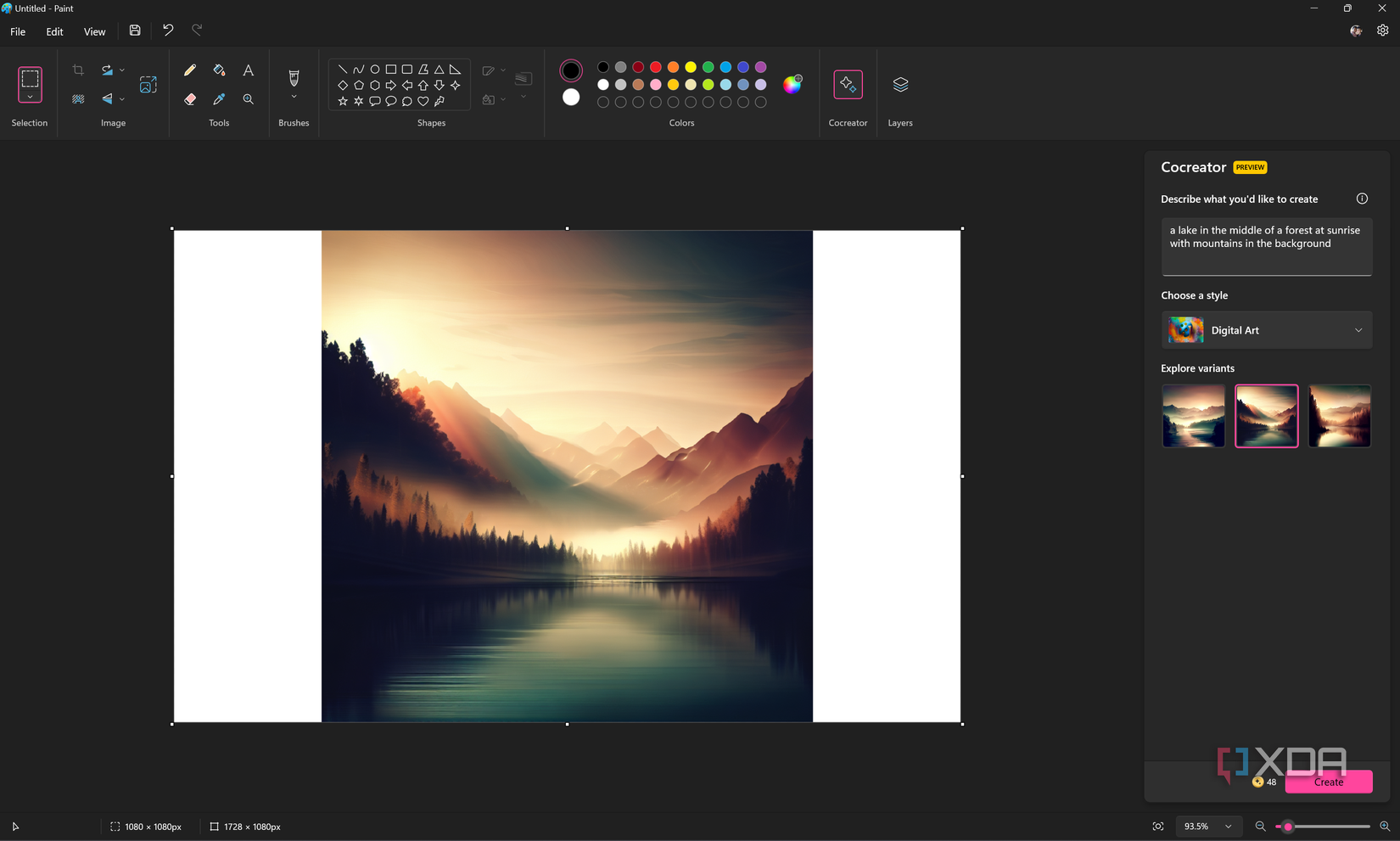 Screenshot of Paint after generating an image using Cocreator. The prompt used is "a lake in the middle of a forest at sunrise with mountains in the background" and it's using the digital art style