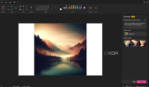 Screenshot of Paint after generating an image using Cocreator. The prompt used is "a lake in the middle of a forest at sunrise with mountains in the background" and it's using the digital art style