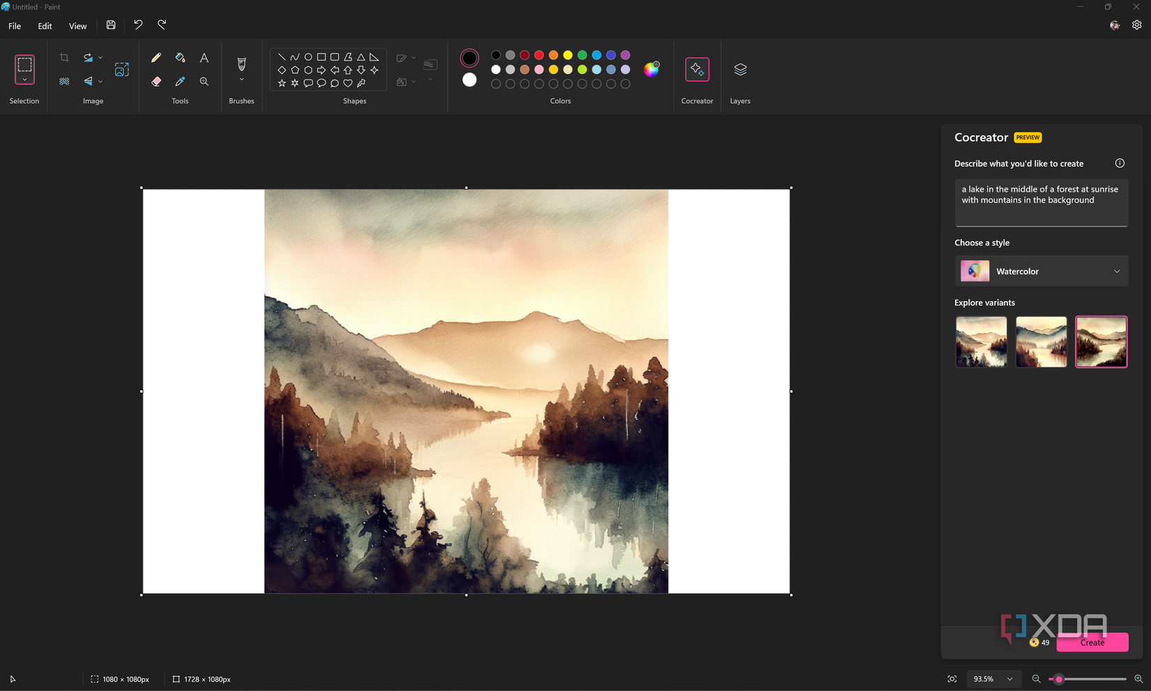 Screenshot of Paint after generating an image using Cocreator. The prompt used is "a lake in the middle of a forest at sunrise with mountains in the background" and it's using a watercolor style
