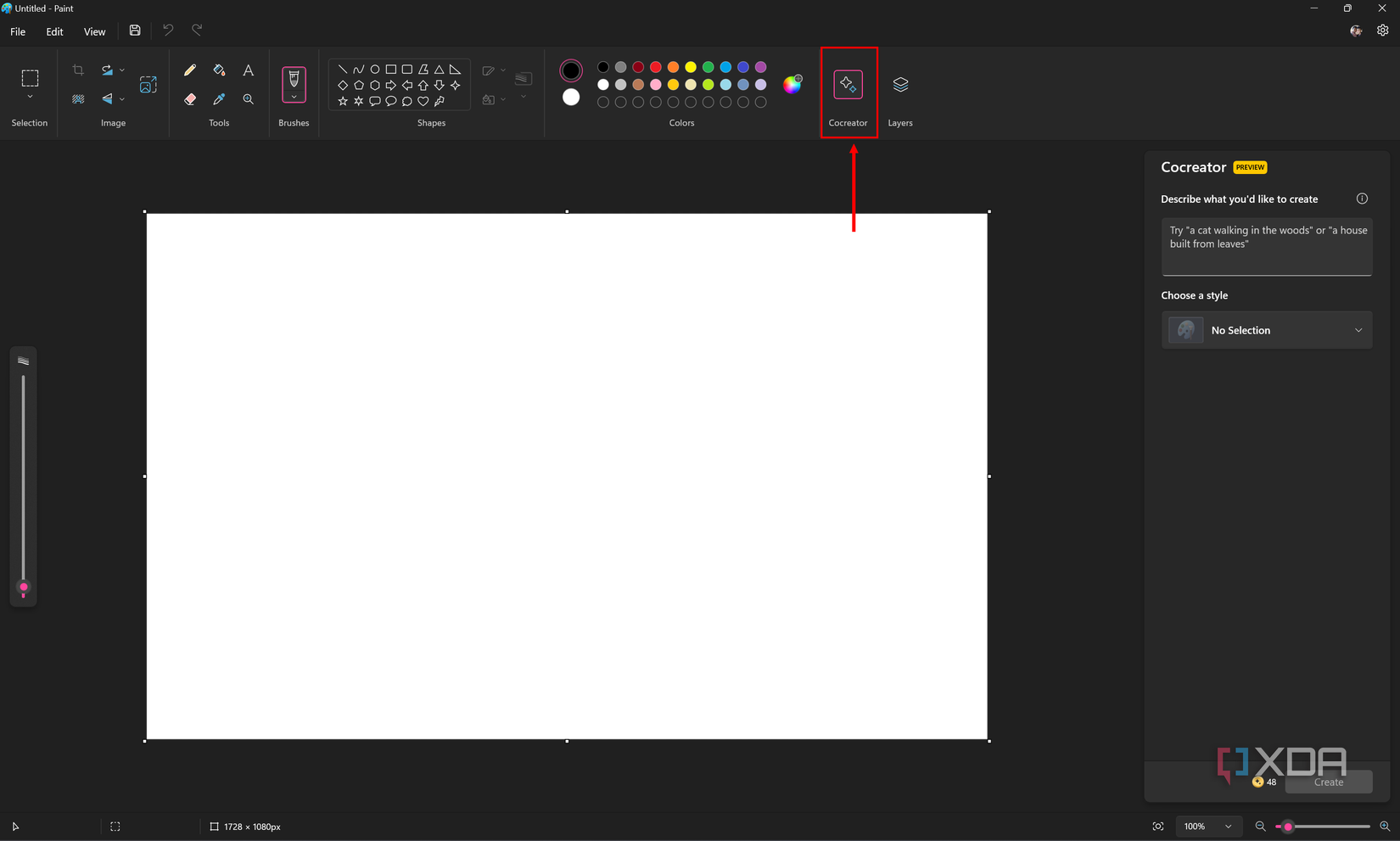 Screenshot of Paint with the Cocreator button highlighted