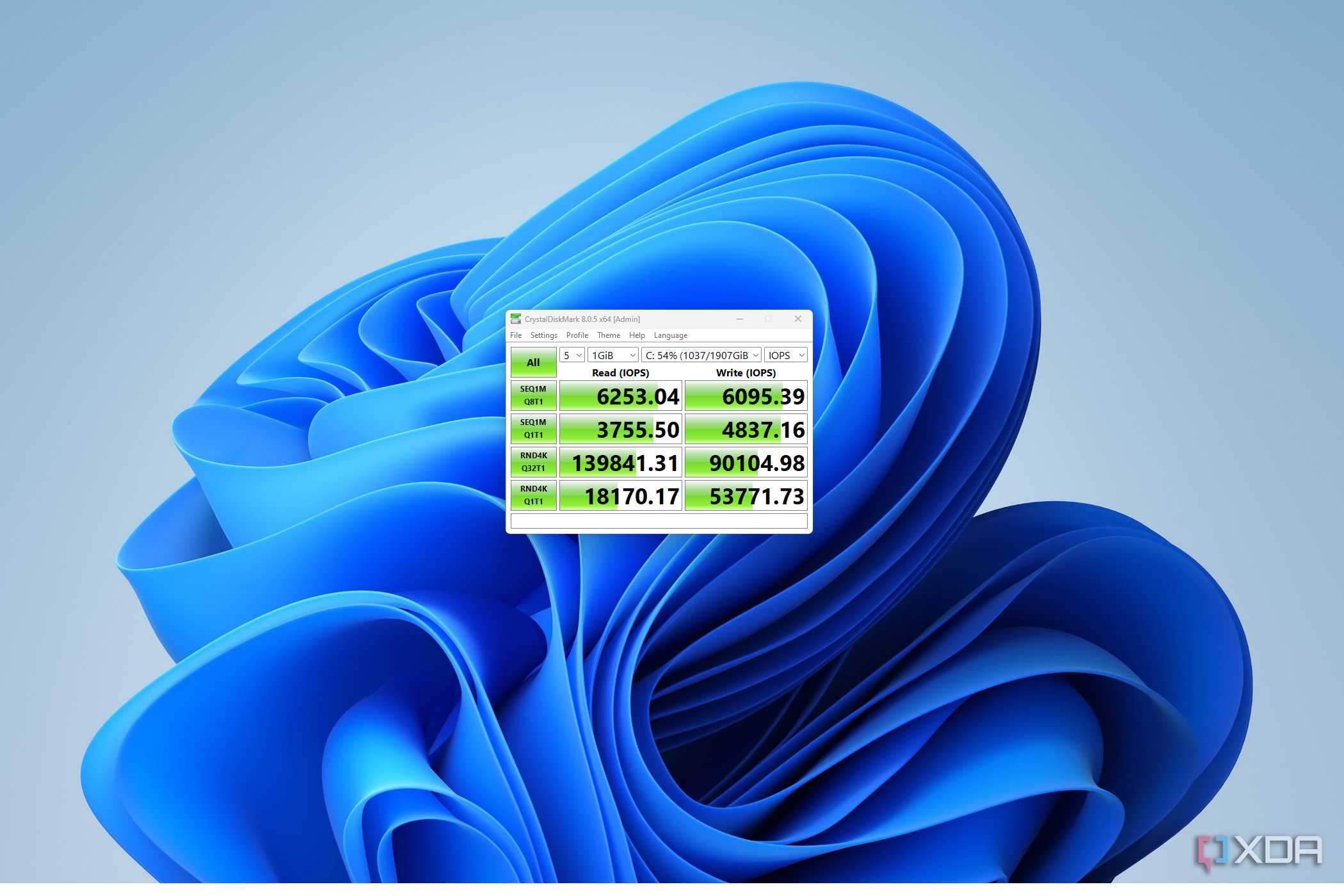 An image of CrystalDiskMark utility showing benchmark results.