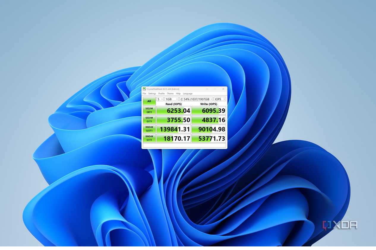 An image of CrystalDiskMark utility showing benchmark results.