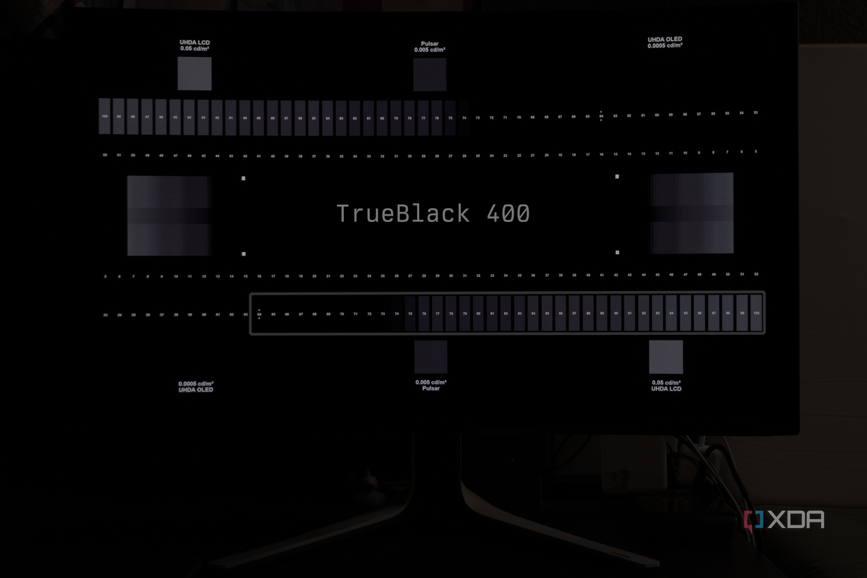 Near-black color rendering for the Dell AW3225QF in TrueBlack mode.
