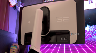 The back of the Dell AW3225QF from a low angle.