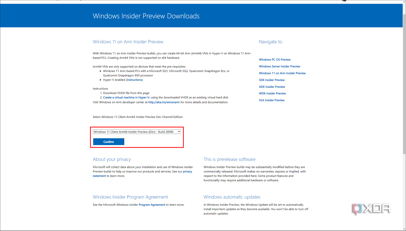 Screenshot of Windows Insider Arm downloads page