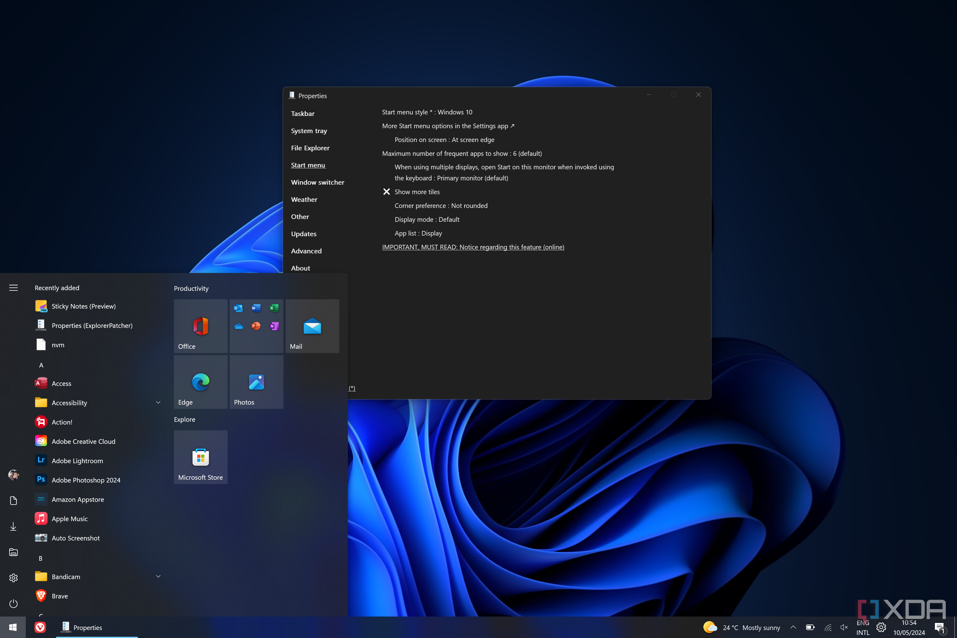 Screenshot of a Windows 11 desktop with a left-aligned Windows 10-style Start menu