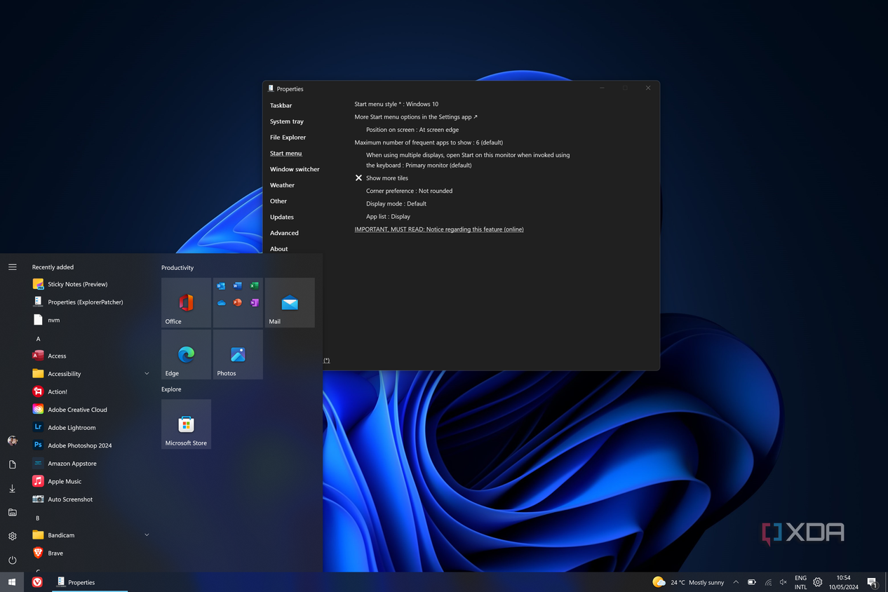 Screenshot of a Windows 11 desktop with a left-aligned Windows 10-style Start menu