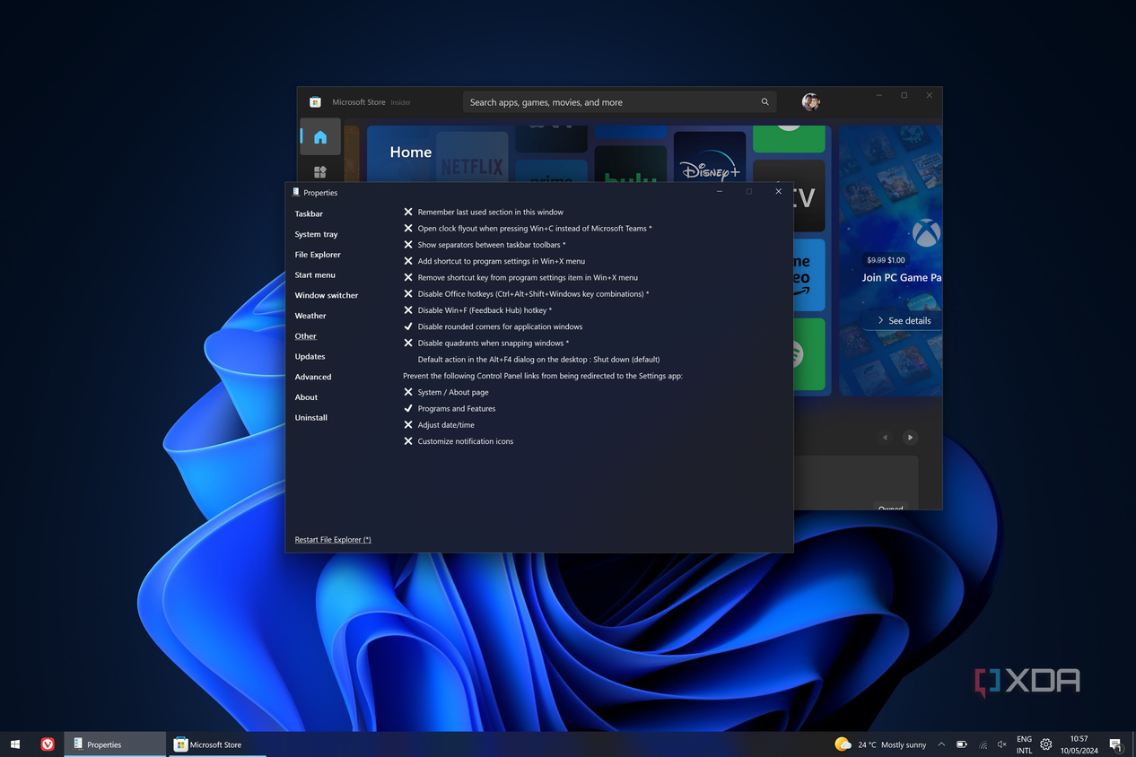Screenshot of Windows 11 with rounded corners disabled on an ExplorerPatcher and Microsoft Store window