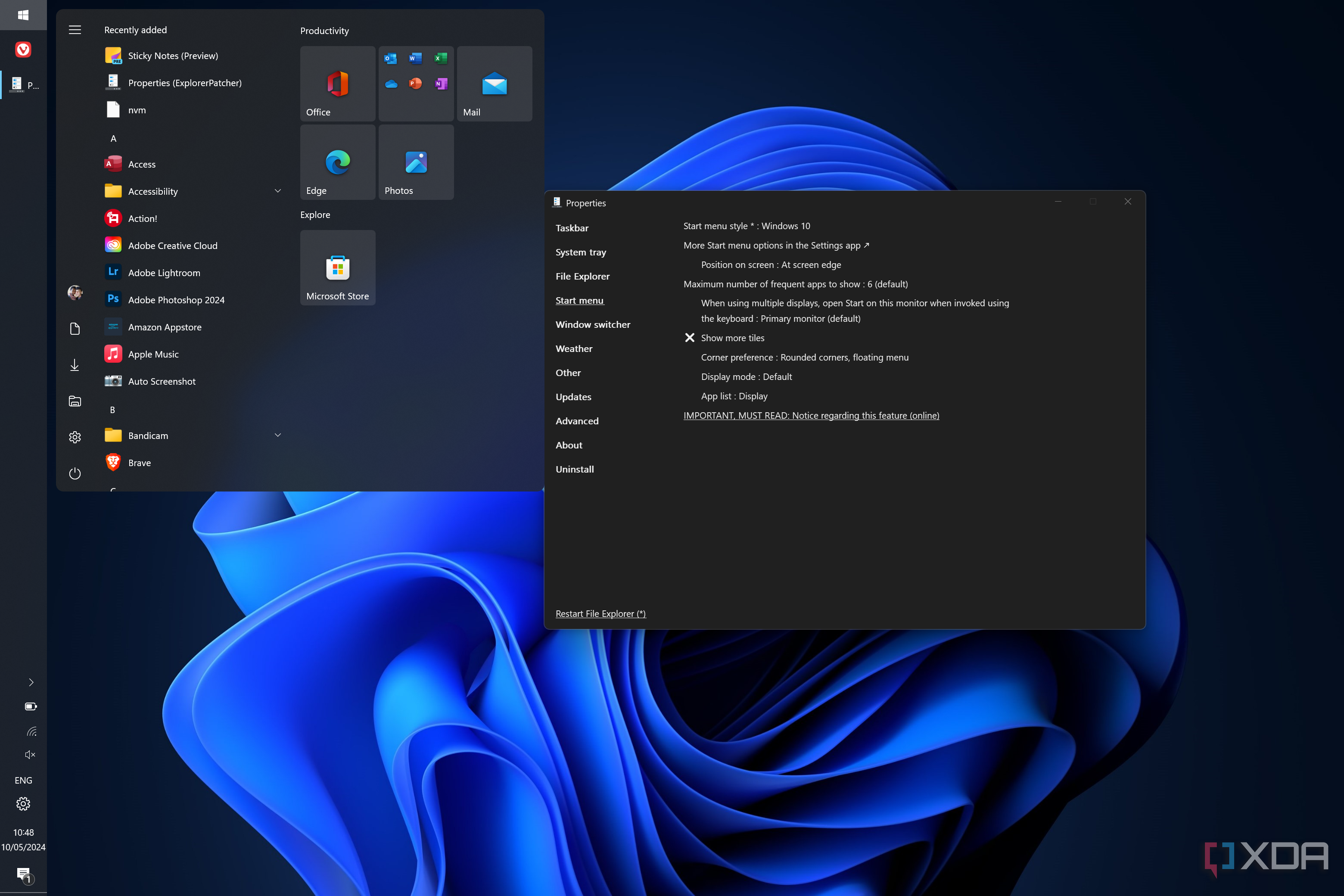 Screenshot of a Windows 11 desktop with the taskbar on the left and a Windows 10-dtyle Start menu open in the top left corner