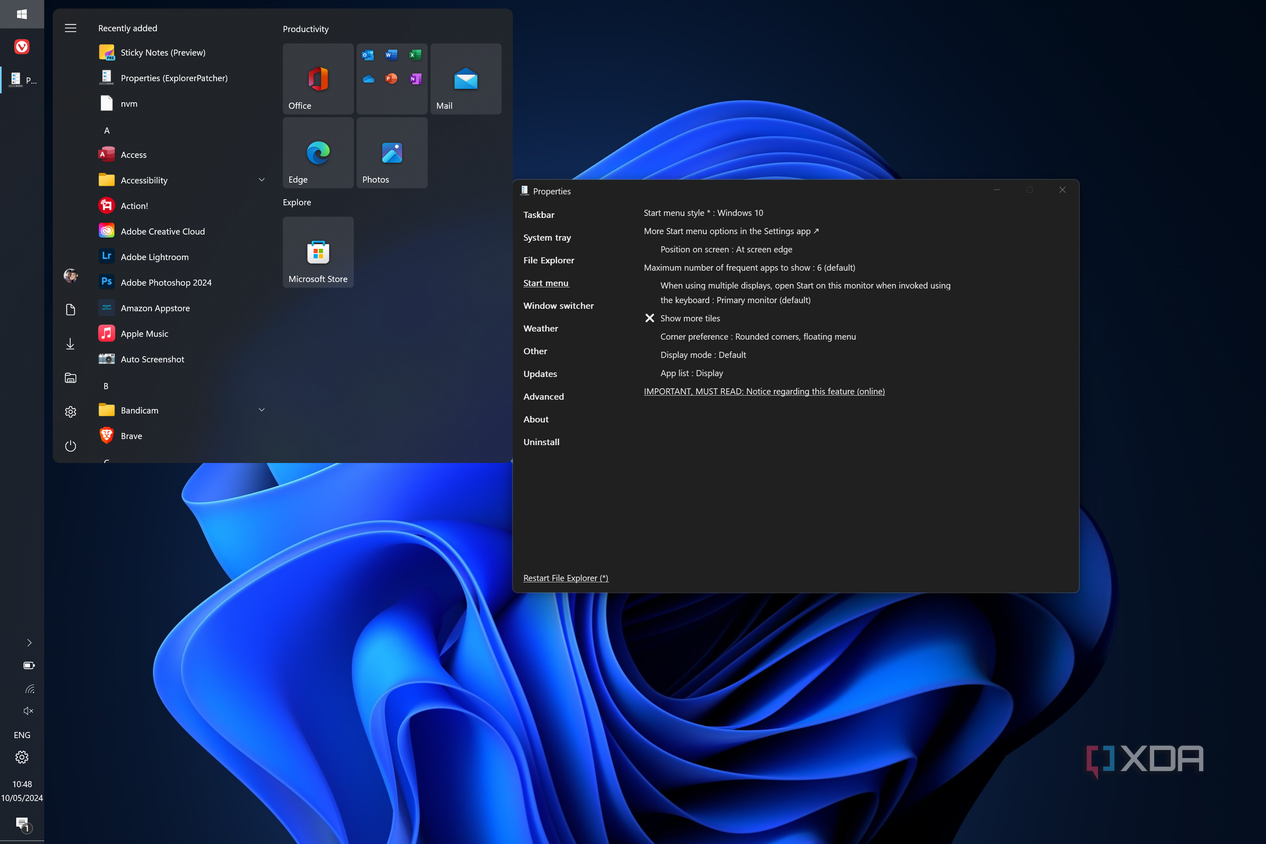 Screenshot of a Windows 11 desktop with the taskbar on the left and a Windows 10-dtyle Start menu open in the top left corner