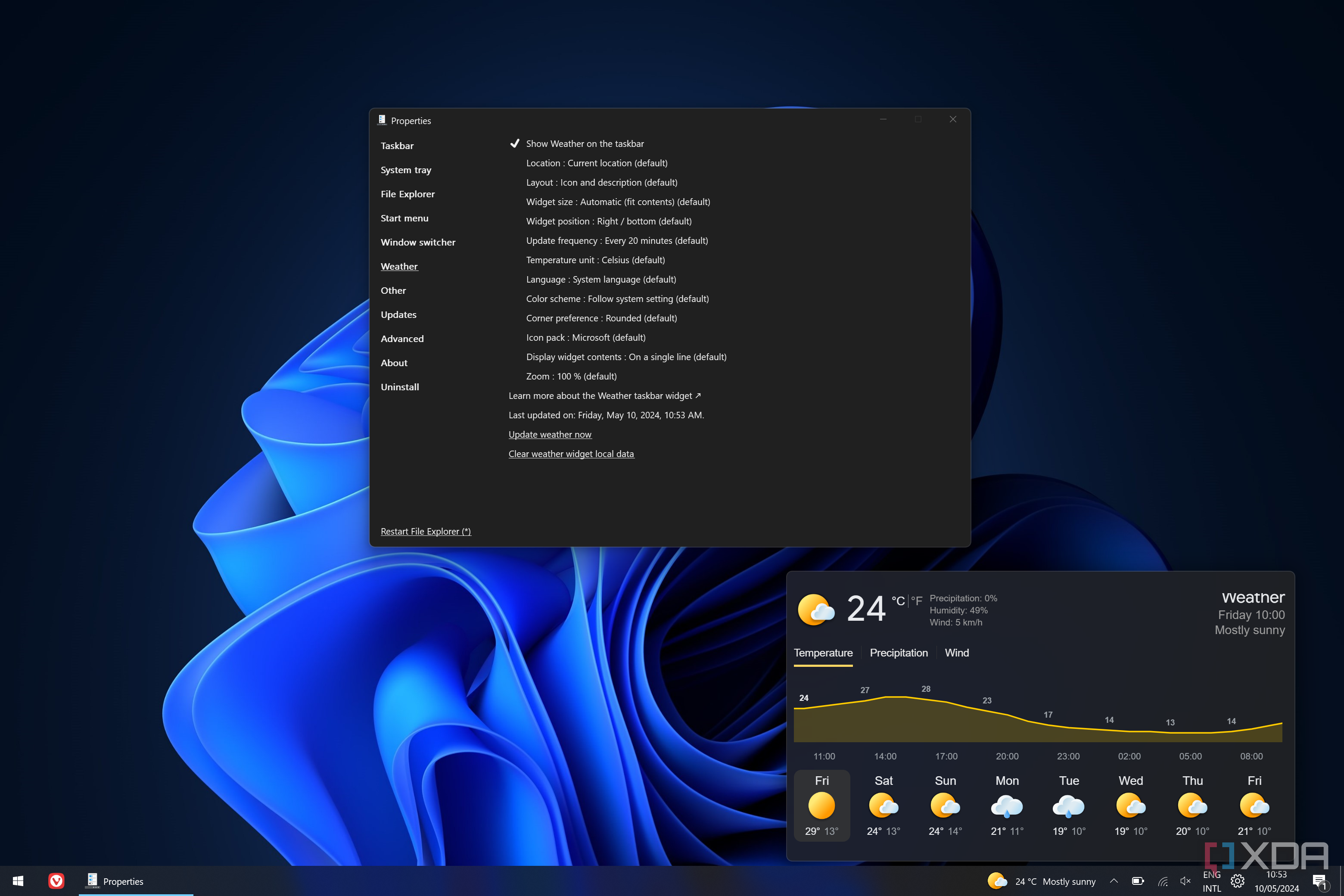 Screenshot of the ExplorerPatcher weather widget