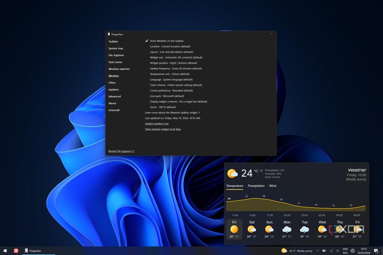Screenshot of the ExplorerPatcher weather widget