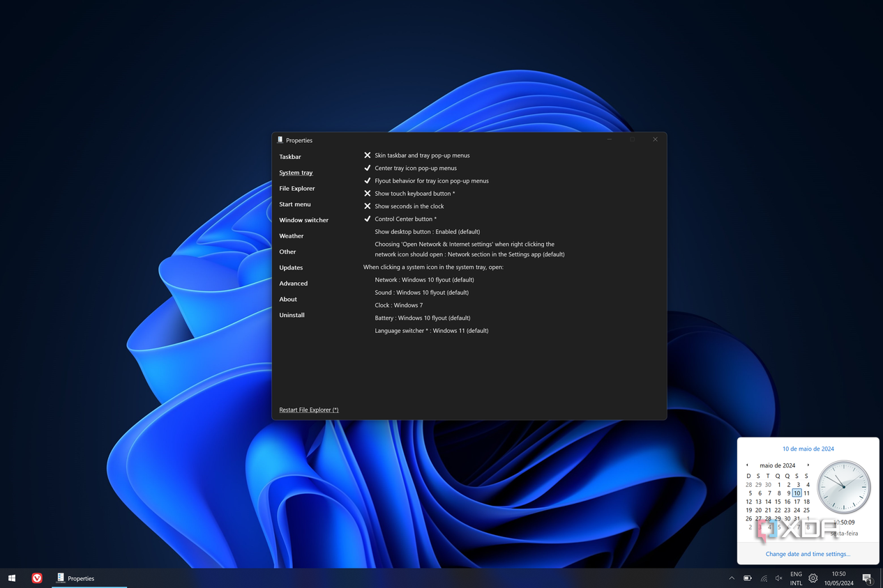 Screenshot of a Windows 11 desktop with a Windows 7-style Clock flyout and an ExplorerPatcher window open