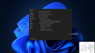 Screenshot of a Windows 11 desktop with a Windows 7-style Clock flyout and an ExplorerPatcher window open