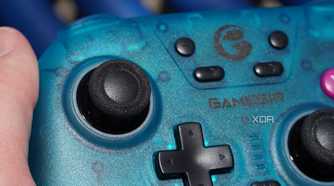 A close-up of the GameSir Nova in hand.