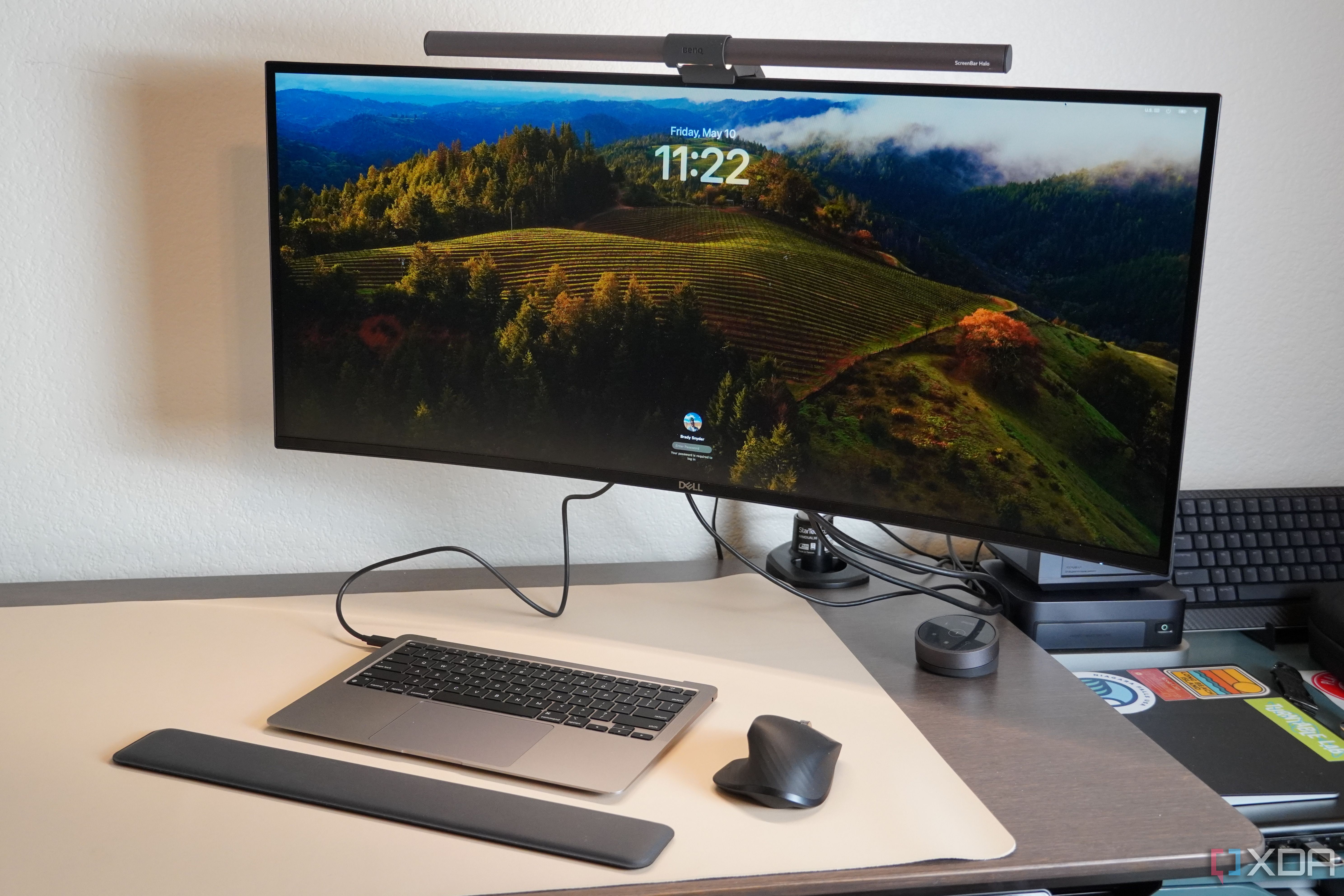 A desk setup featuring a headless MacBook Air.