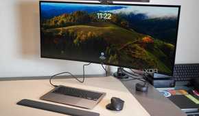 A desk setup featuring a headless MacBook Air.