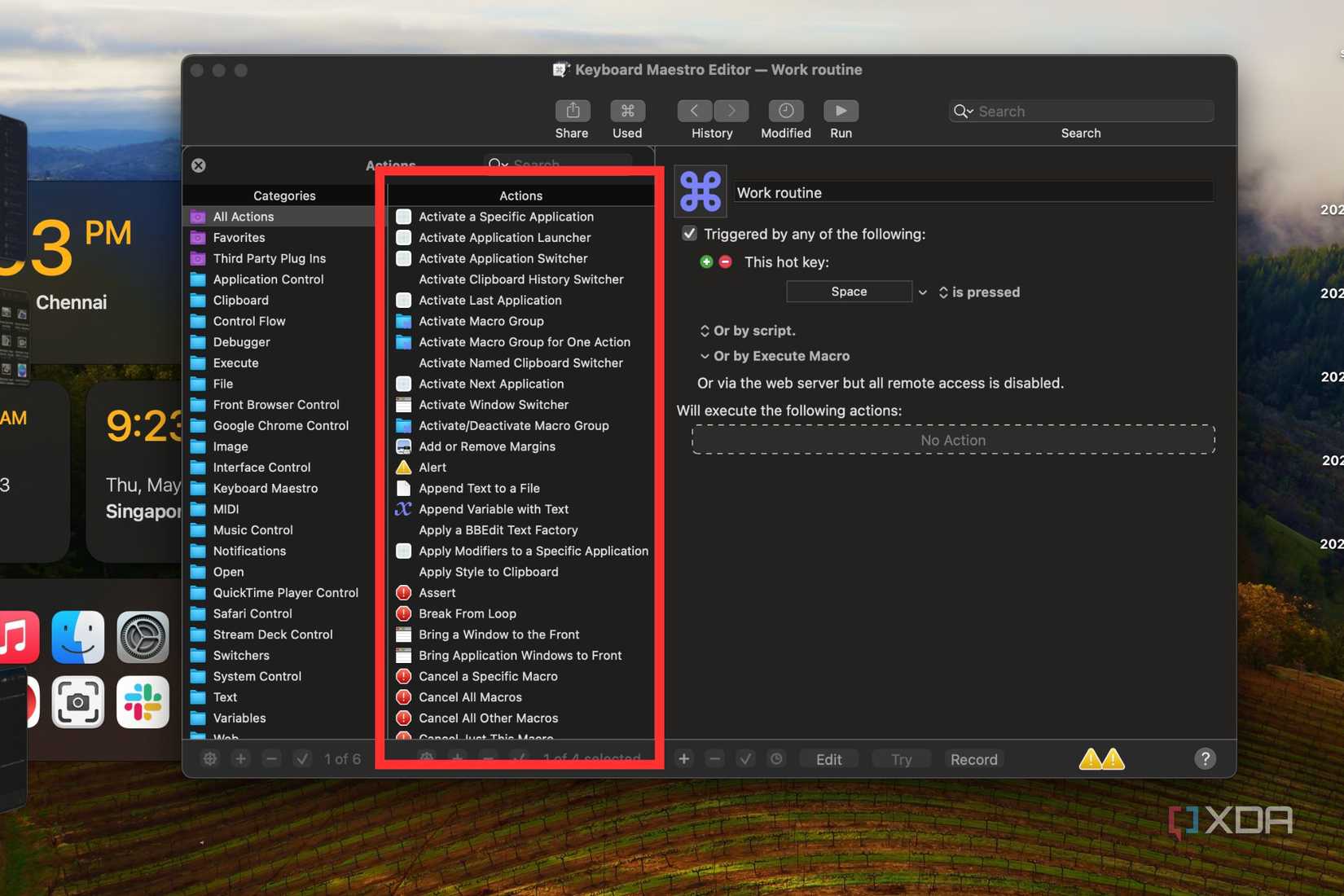 A screenshot showing the highlighted actions list on Keyboard Maestro utility.