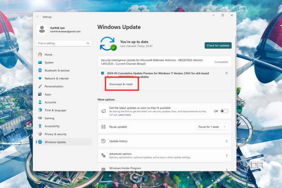 A screenshot showing the highlighted download and install button in Windows settings page.