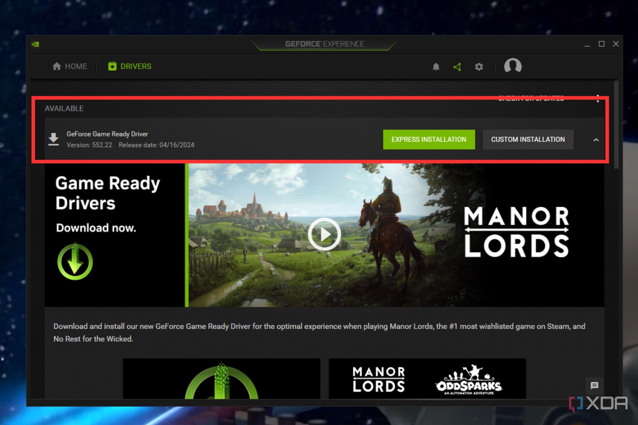 A screenshot showing the highlighted driver update pop-up in GeForce Experience client.