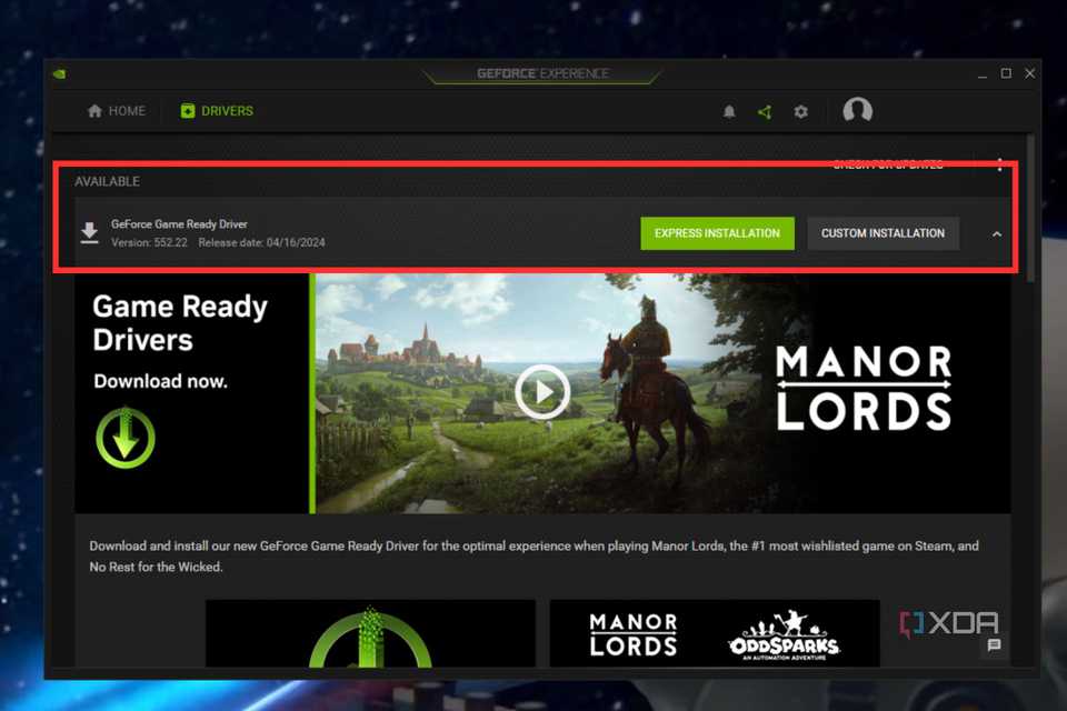 A screenshot showing the highlighted driver update pop-up in GeForce Experience client.