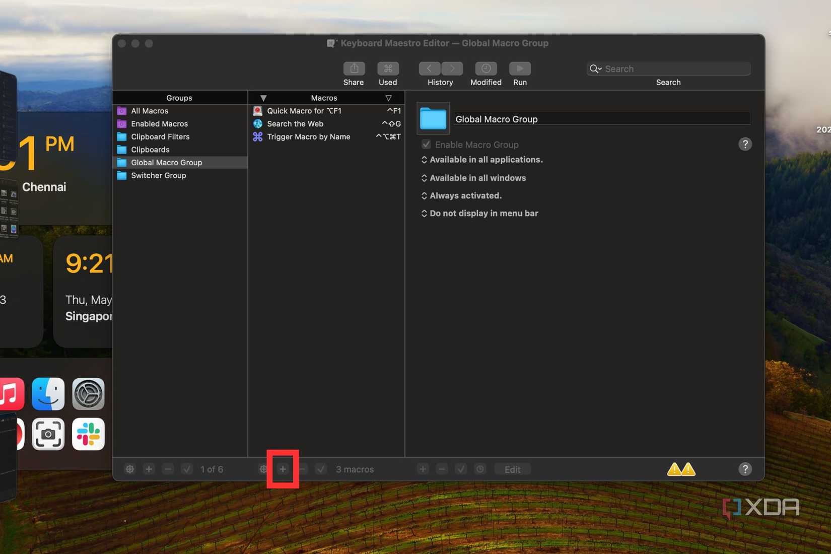 A screenshot showing the highlighted + icon in Keyboard Maestro utility.
