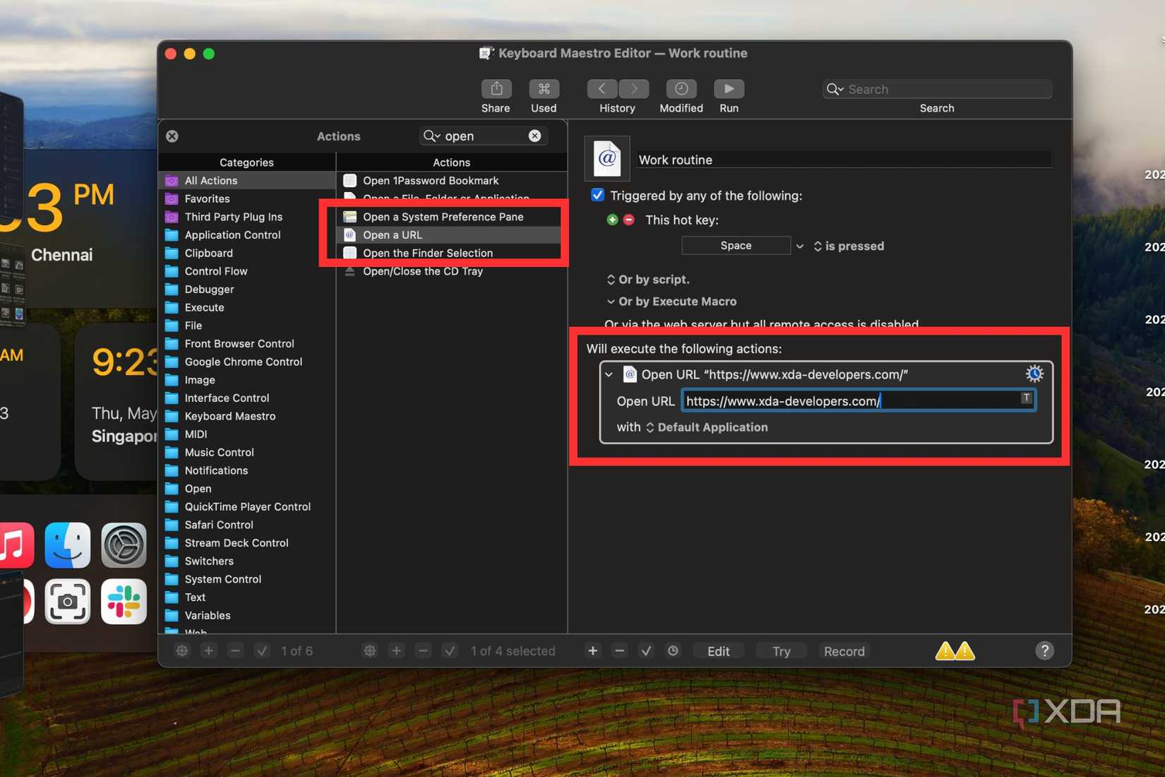 Highlighted Open a URL option in Keyboard Maestro