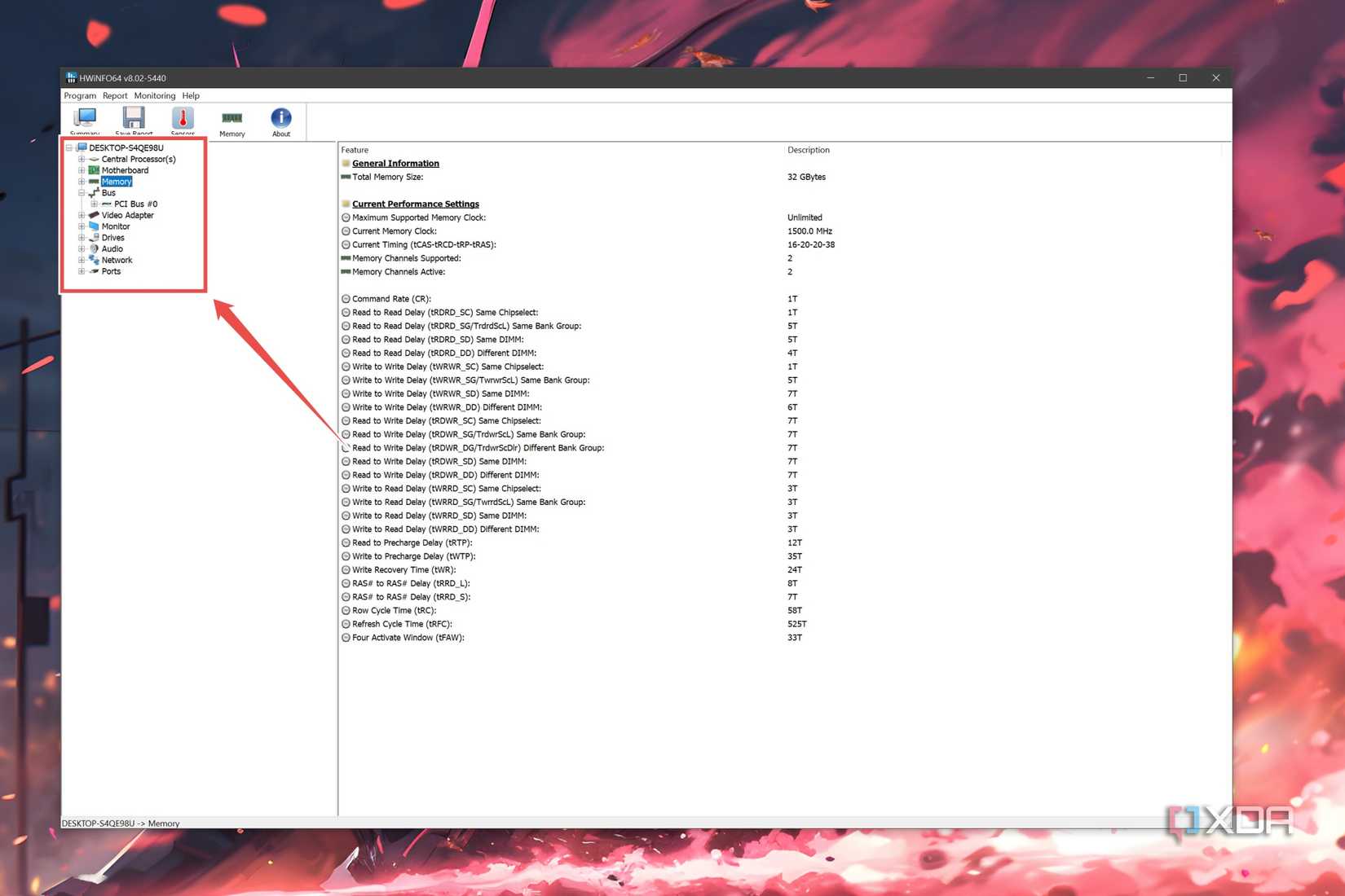 HWiNFO64 with the hardware details highlighted