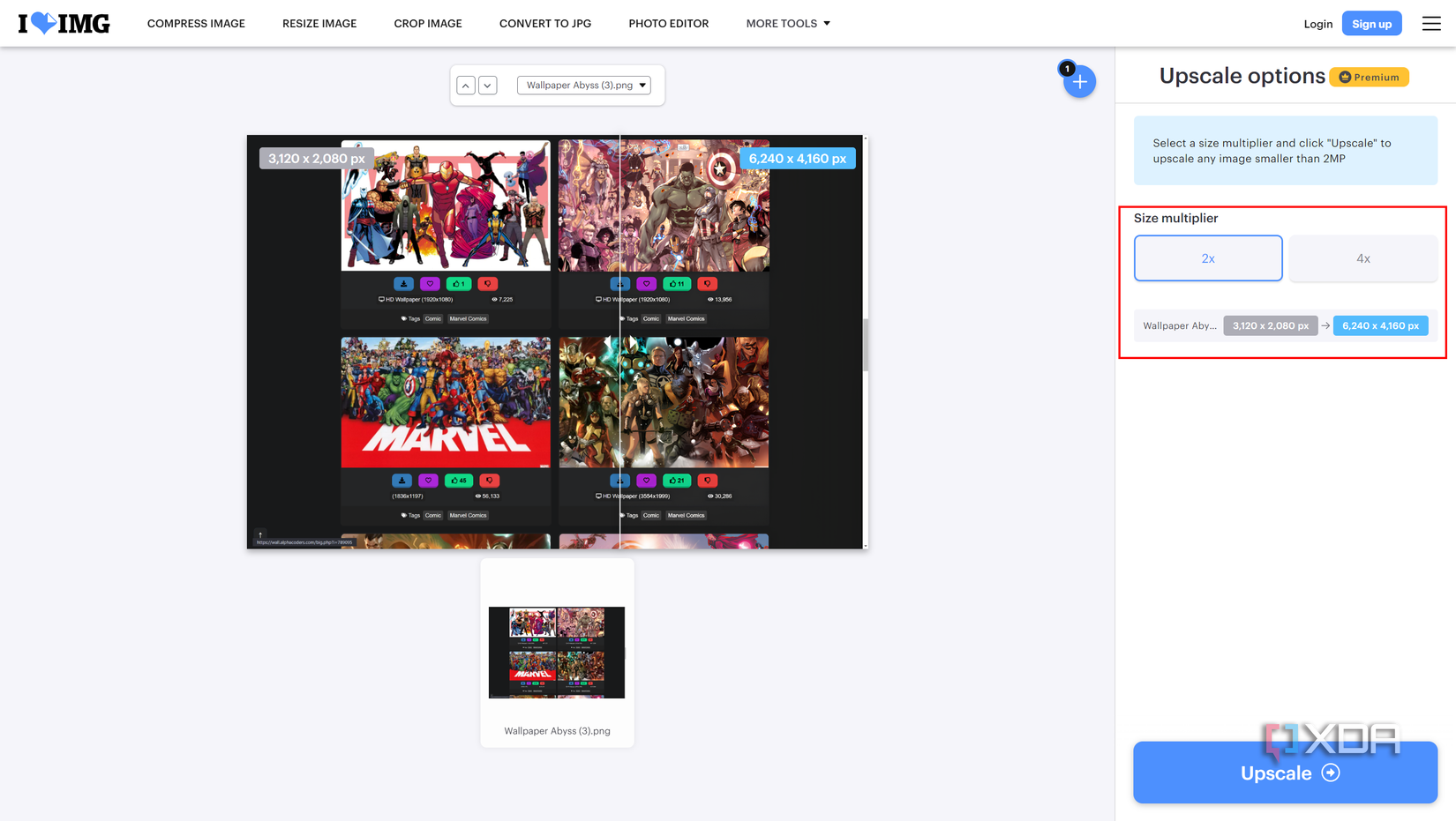 Screenshot of the ILoveIMG image upscaler with the upscale factor highlighted