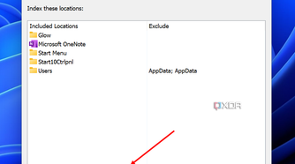 Screenshot of indexing options in Windows 11