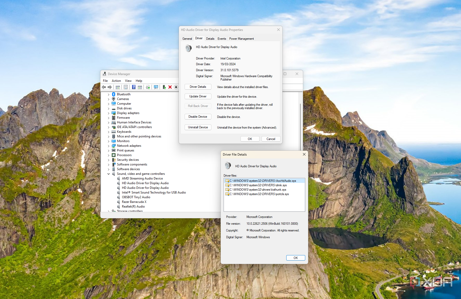 Screenshot of Device manager and driver properties of HD display audio with an intel driver