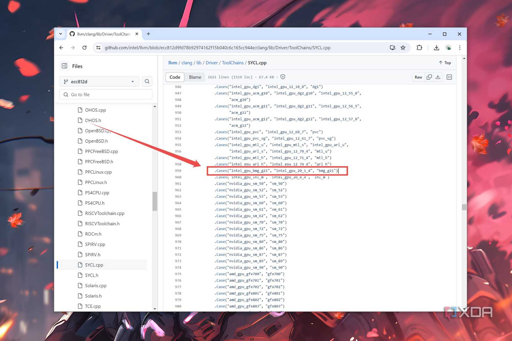 A GitHub file highlighting the code block associated with BMG-G21 GPUs 