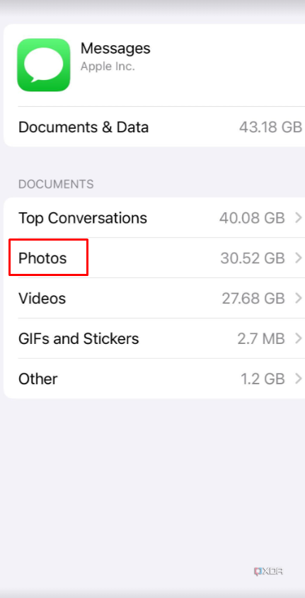 iPhone screenshot that highlights the Photos storage for the messages app in the Storage option