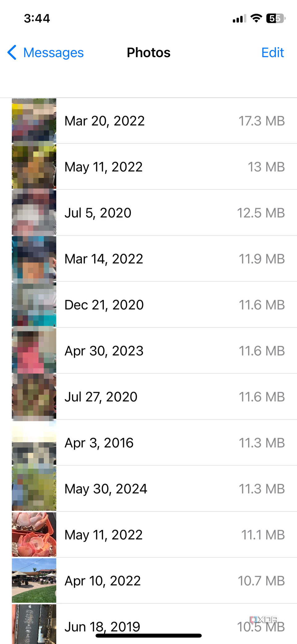 iPhone screenshot that highlightsPhotos in the Messages app in the Storage page