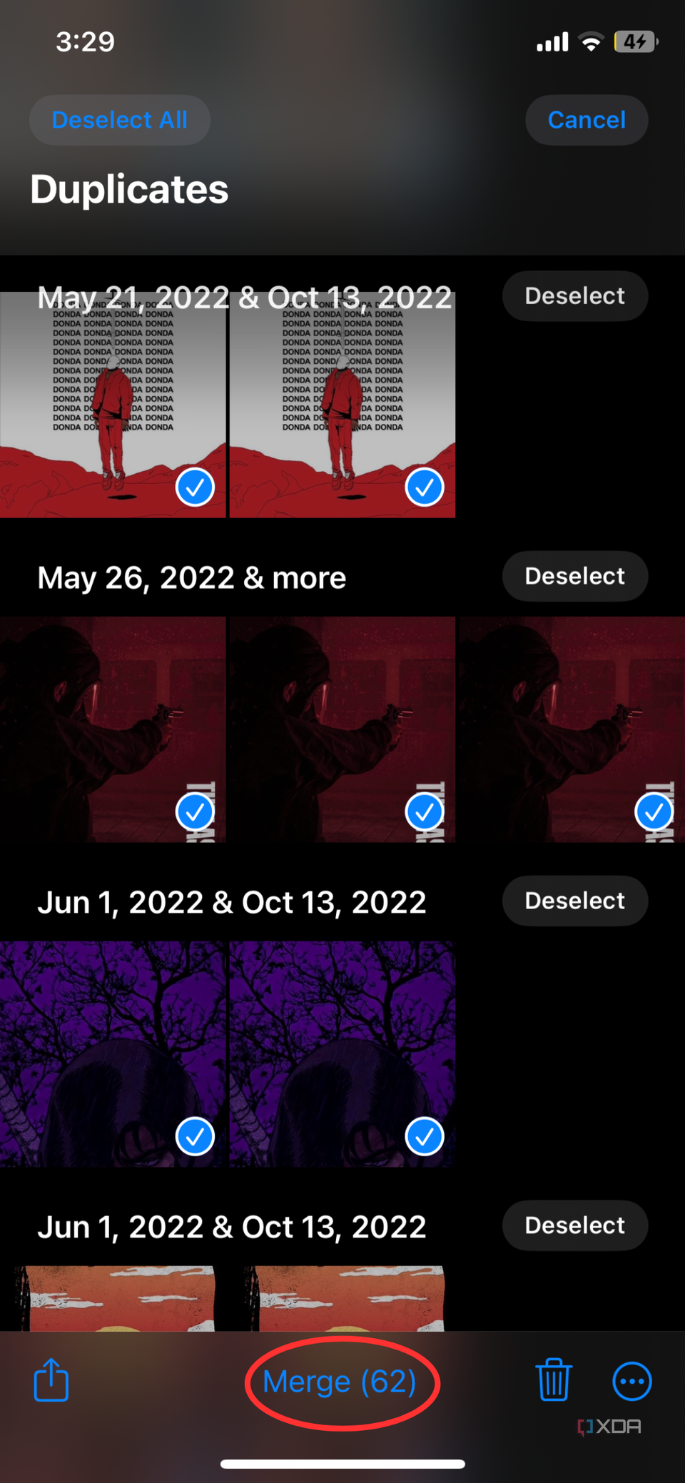 iPhone Photos app screenshot that highlights the Merge option in the Duplicates album