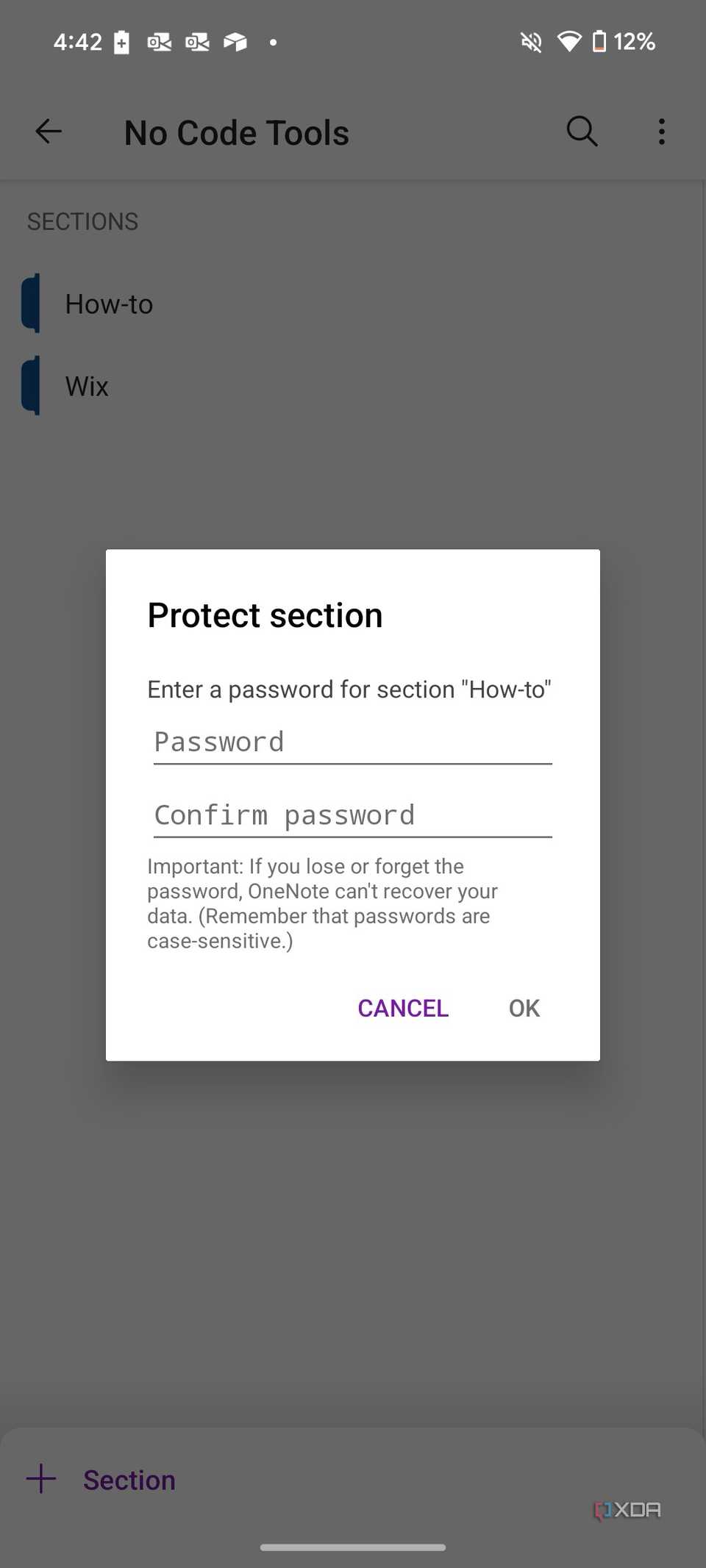 Enter password for OneNote