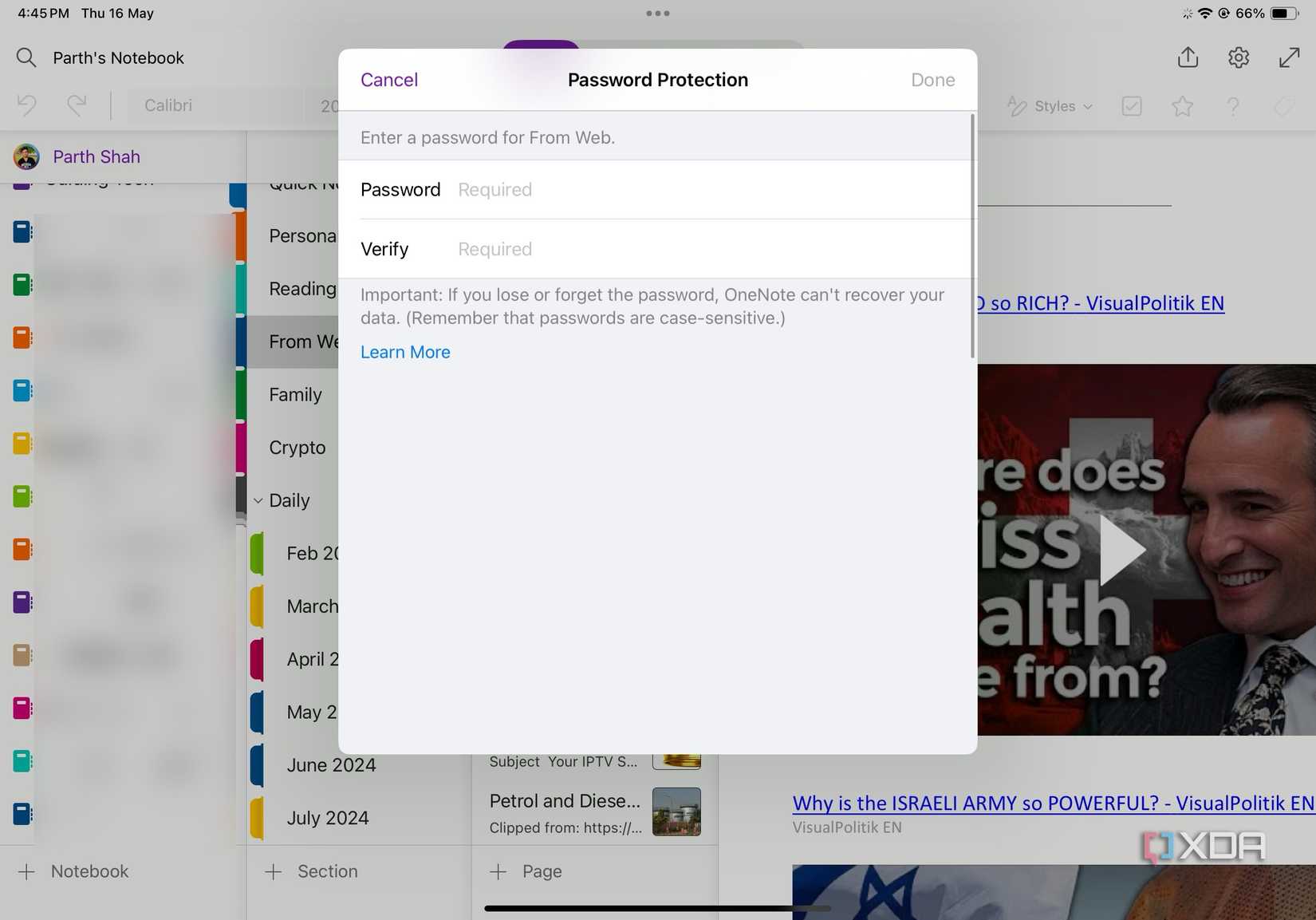 Enter and verify password for OneNote