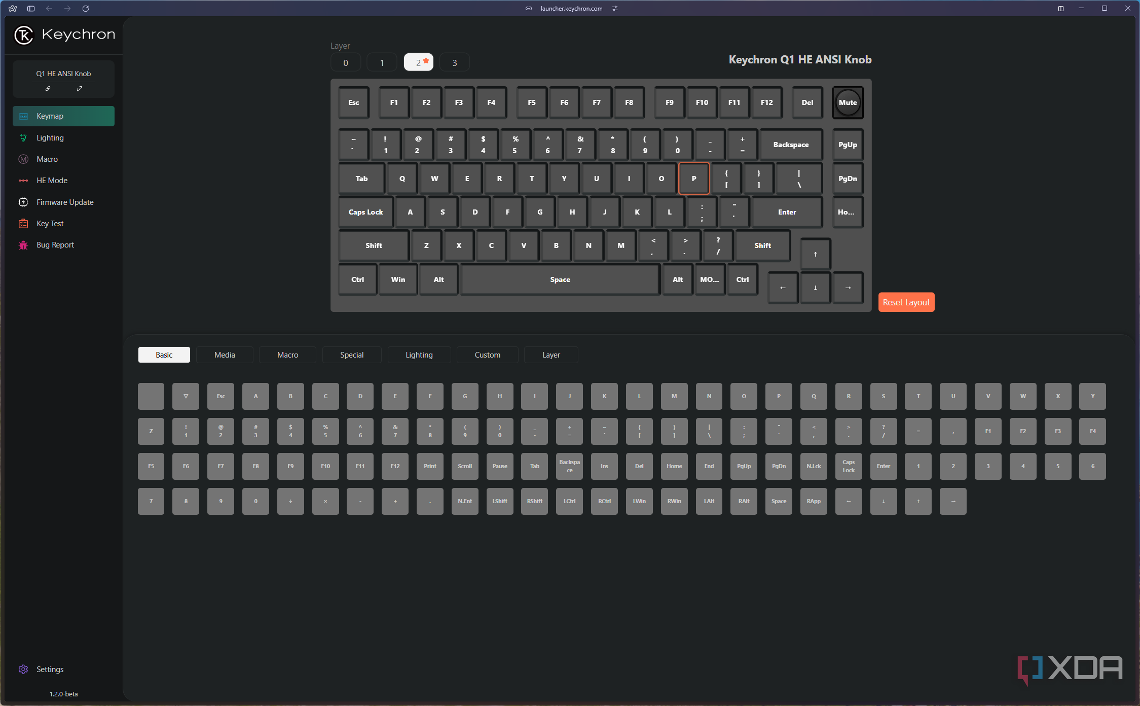 Screenshot of the key remap settings for the Keychron Q1 HE in the Keychron launcher app