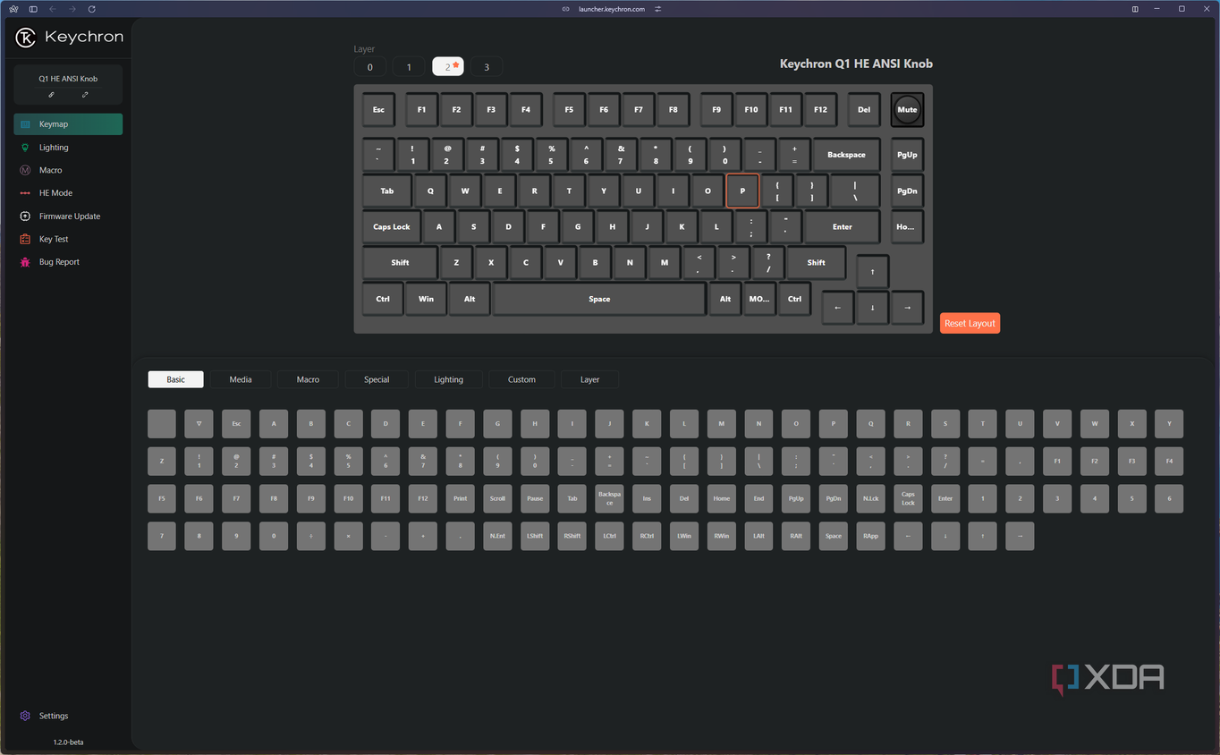 Screenshot of the key remap settings for the Keychron Q1 HE in the Keychron launcher app