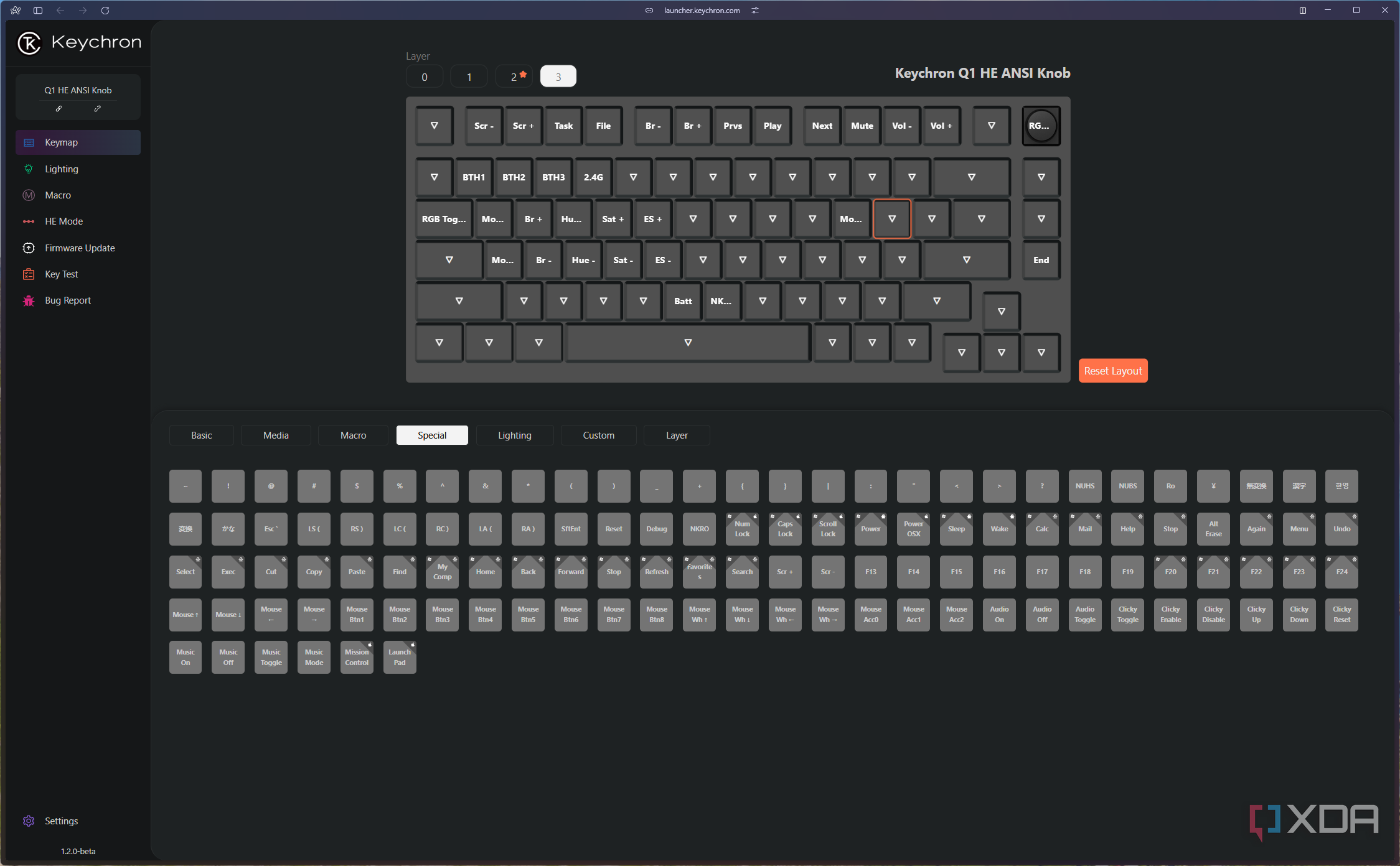 Screenshot of the lighting settings for the Keychron Q1 HE in the Keychron launcher app
