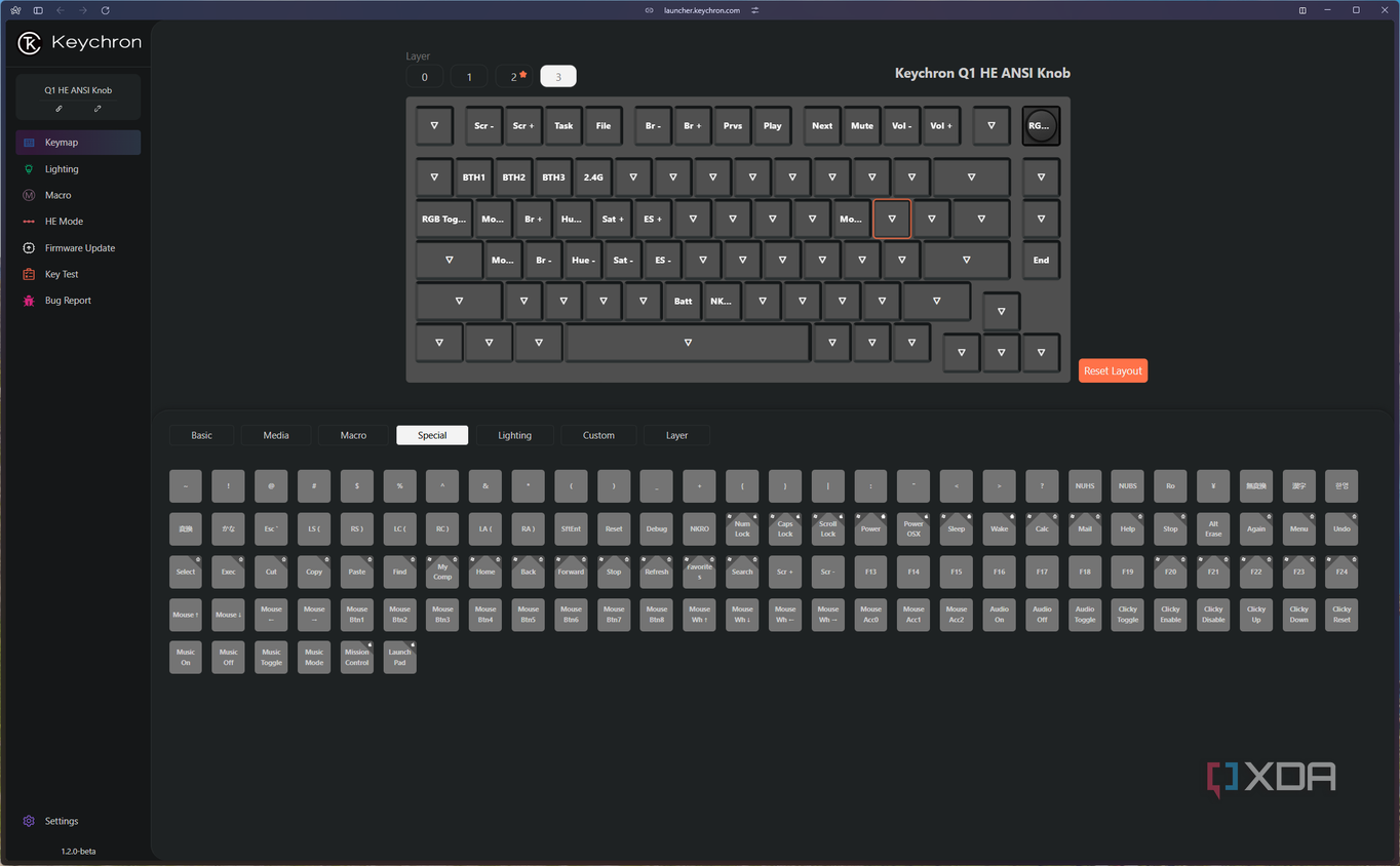 Screenshot of the lighting settings for the Keychron Q1 HE in the Keychron launcher app