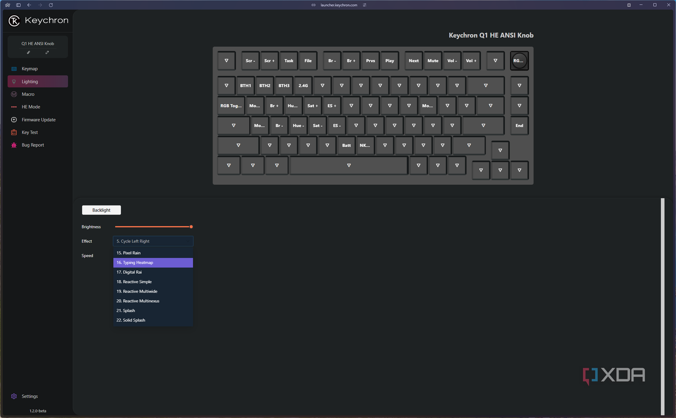 Screenshot of the lighting settings for the Keychron Q1 HE in the Keychron launcher app