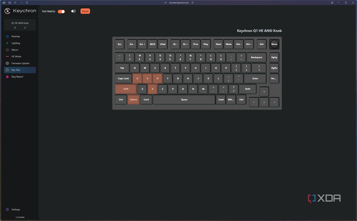 Screenshot of the key tester for the Keychron Q1 HE in the Keychron launcher app
