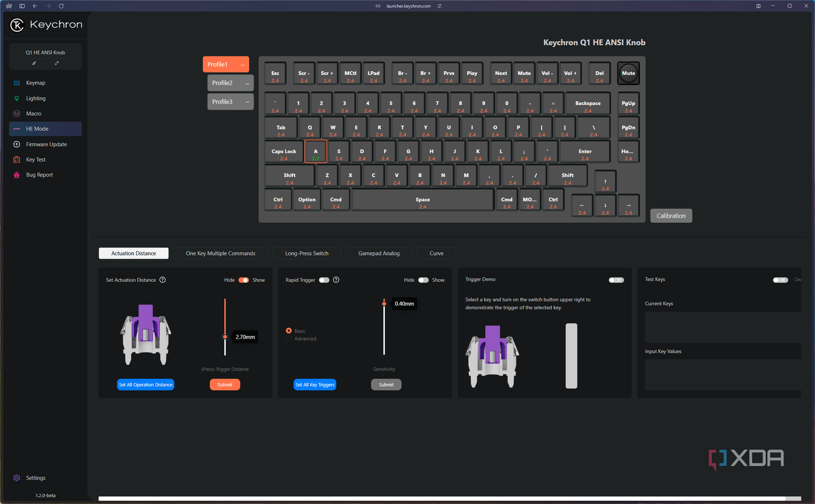 Screenshot of the actuation distance customization for the Keychron Q1 HE in the Keychron launcher app