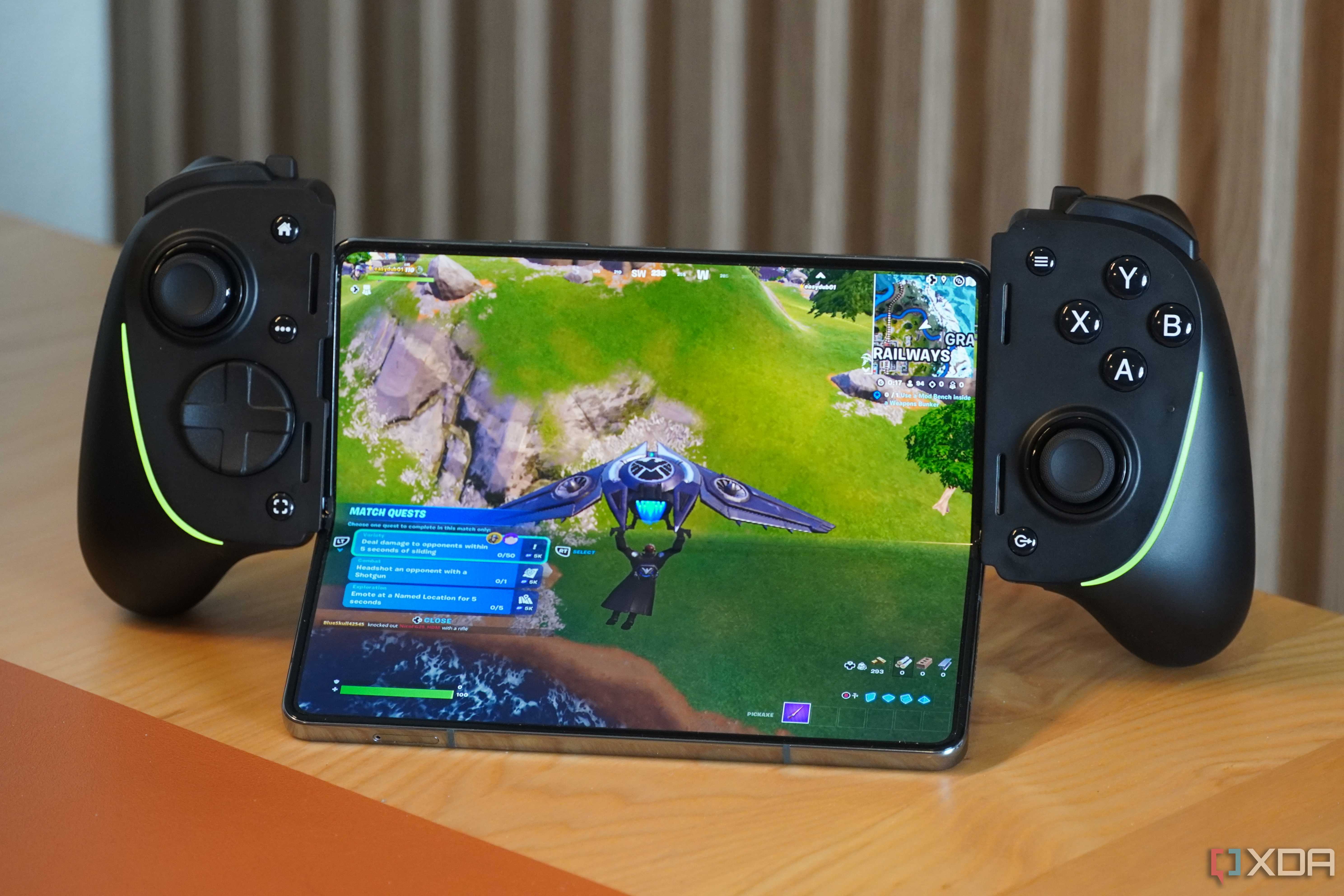 Fortnite on a Galaxy Z Fold 4 connected to the Razer Kishi Ultra.