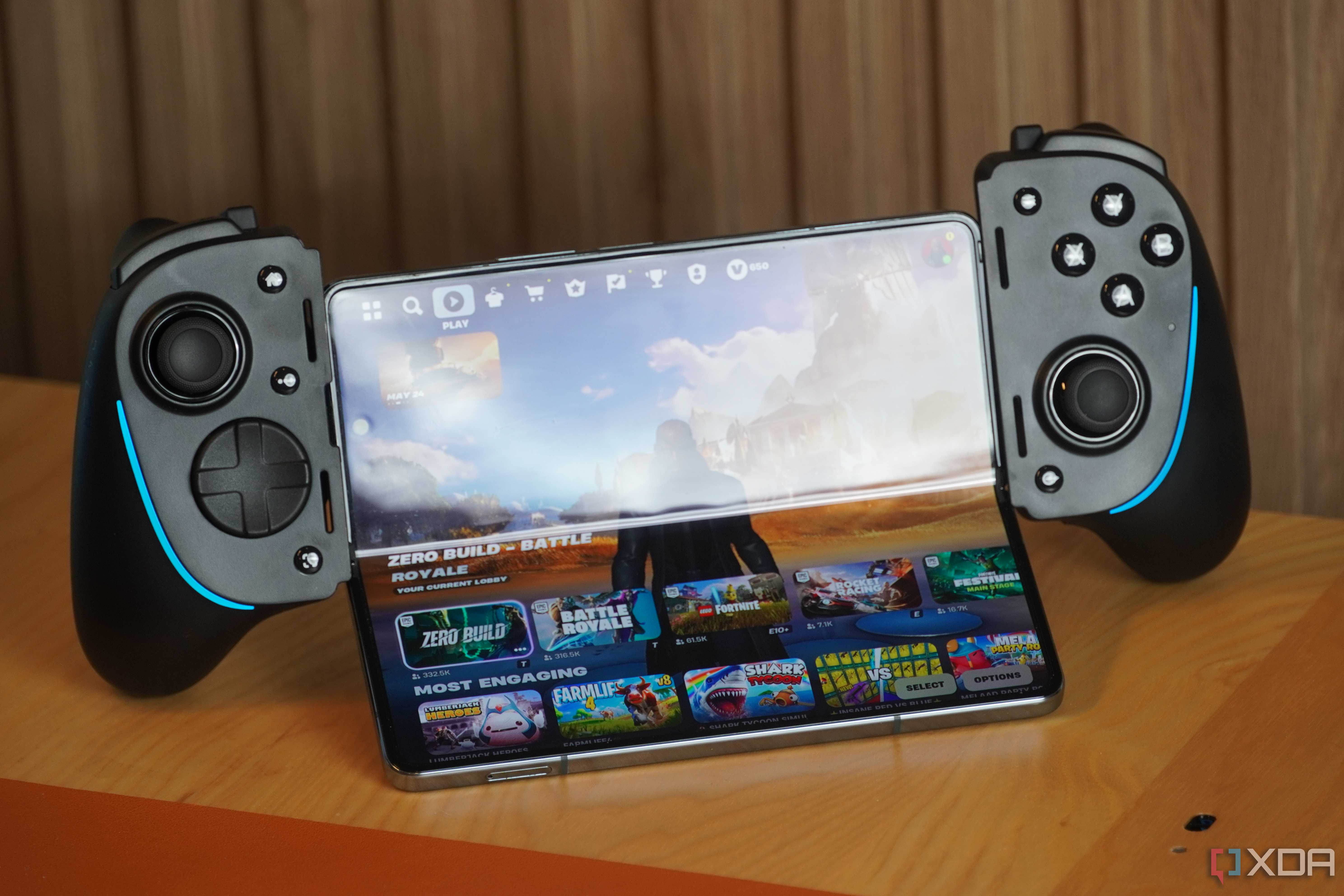 The Razer Kishi Ultra connected to a foldable with the screen slightly folded.