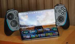 The Razer Kishi Ultra connected to a foldable with the screen slightly folded.