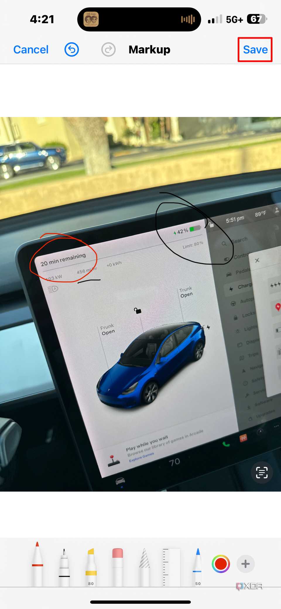 The Save button in markup for a message.